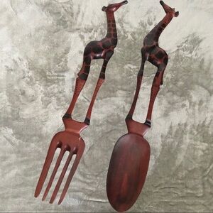 Hand Carved Wood Giraffe Fork and Spoon Serving Set 13 Inch Safari Kitchen Decor